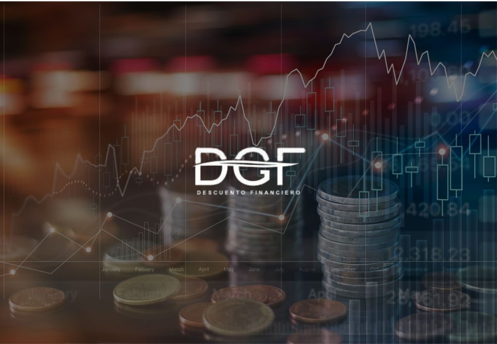 Logo DGF Descuento Financiero sobre fondo de monedas apiladas y gráficas bursátiles de mercado financiero