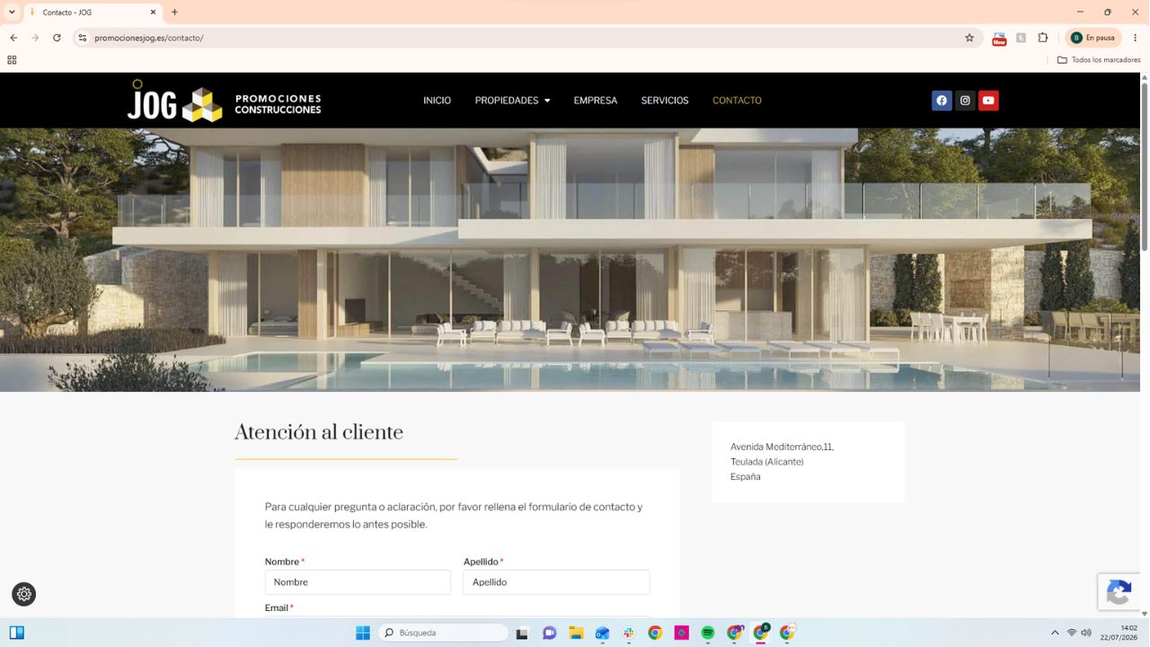 Página de contacto de JOG Promociones y Construcciones con villa de lujo moderna en Teulada, Alicante