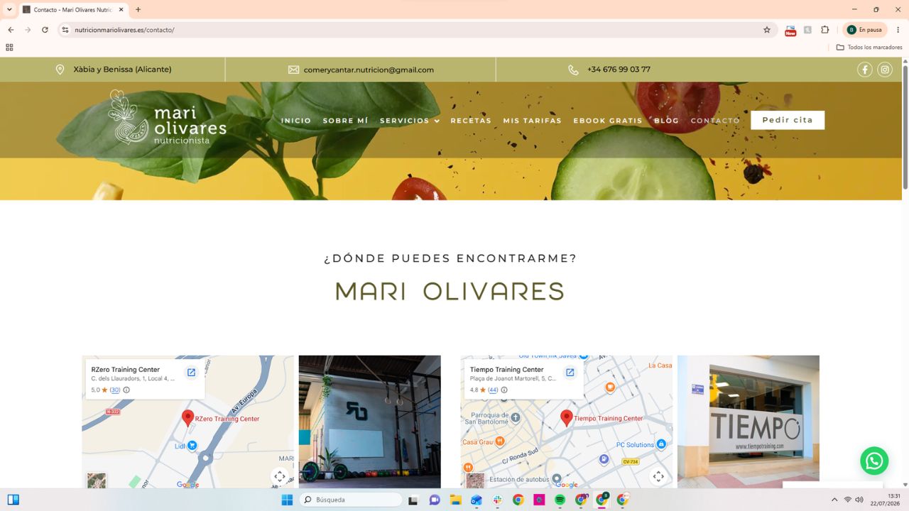 Página de contacto de Mari Olivares nutricionista en Xàbia y Benissa con ubicaciones en Google Maps
