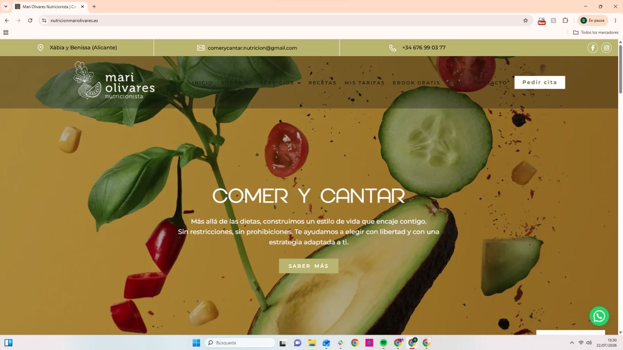 Página web de Mari Olivares nutricionista en Xàbia y Benissa con el lema Comer y Cantar