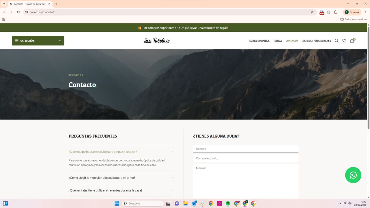 Página de contacto de TuCoto.es, tienda online de caza con preguntas frecuentes y formulario de consulta