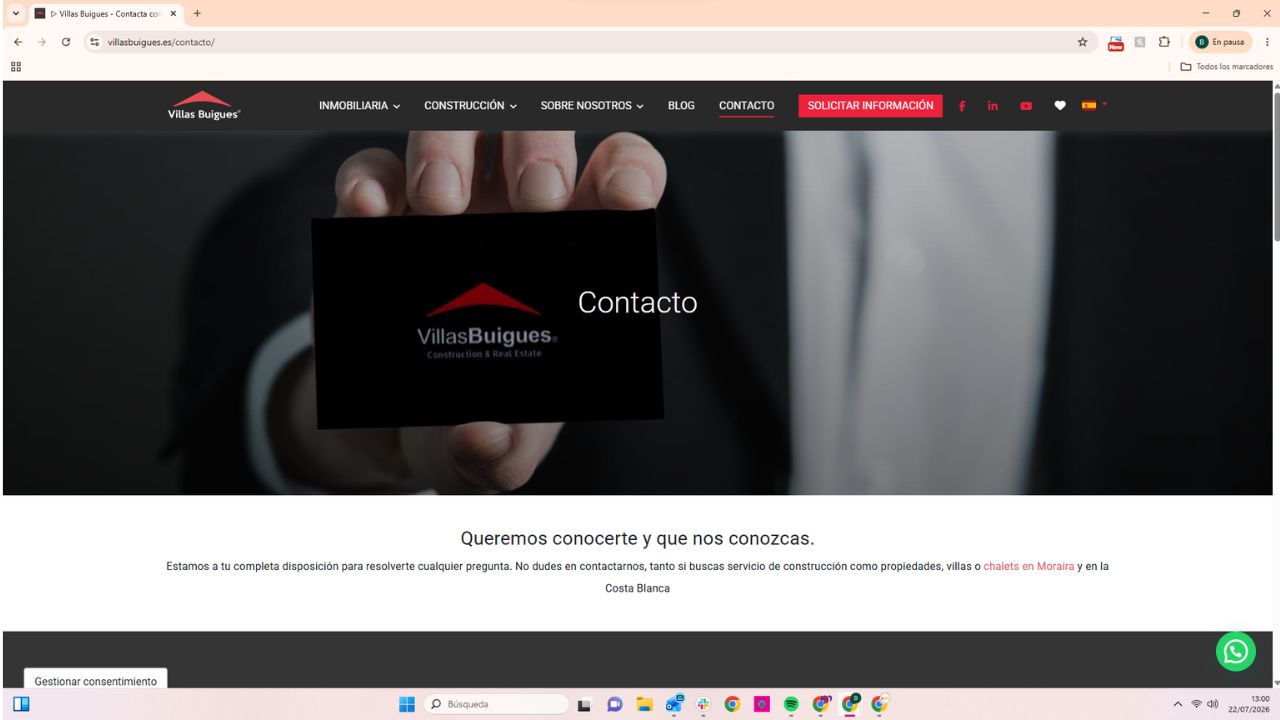 Página de contacto de Villas Buigues, empresa de construcción e inmobiliaria en la Costa Blanca, Moraira