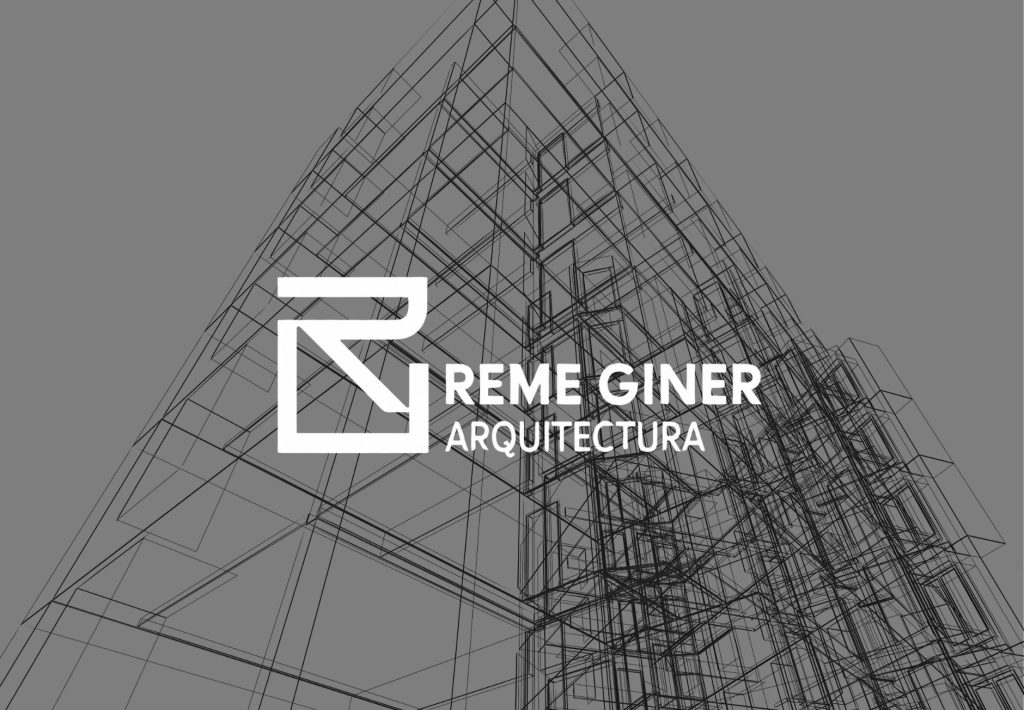 Logotipo de Reme Giner Arquitectura sobre fondo de wireframe arquitectónico en escala de grises