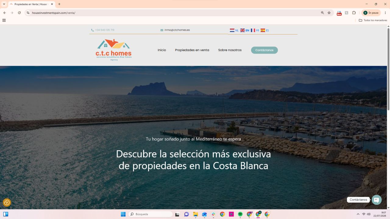 Página web de CTC Homes inmobiliaria con propiedades en venta en Costa Blanca junto al Mediterráneo