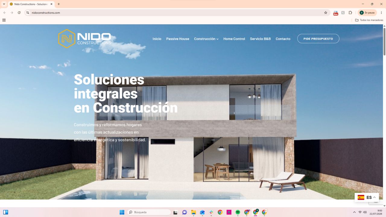 Página web de Nido Constructions con soluciones integrales en construcción y reformas de hogares sostenibles