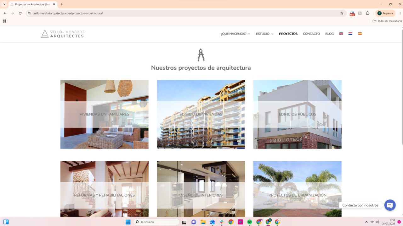 Página web de proyectos de arquitectura Velló Monfort con categorías: viviendas, edificios públicos, reformas e interiores