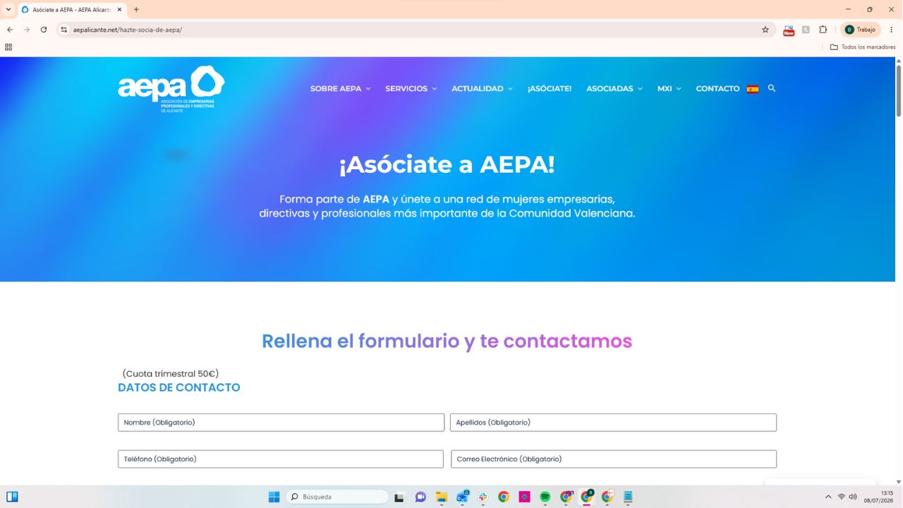 Formulario de inscripción para asociarse a AEPA Alicante, red de mujeres empresarias de la Comunidad Valenciana
