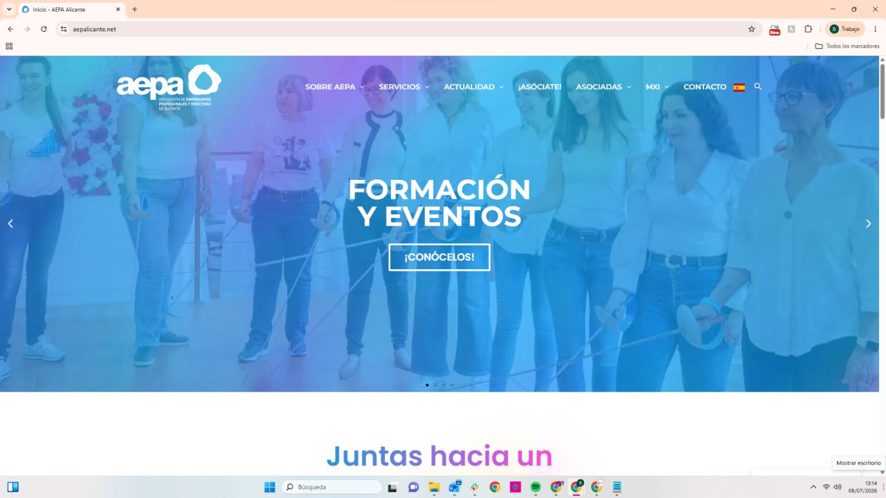 Página web de AEPA Alicante, asociación de empresarias profesionales y directivas, con sección de formación y eventos