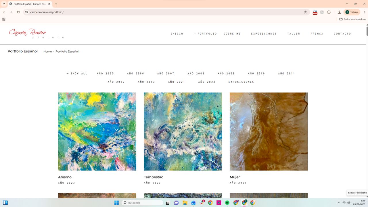Portfolio de pintura de Carmen Romero con obras abstractas: Abismo, Tempestad y Mujer, años 2021-2023