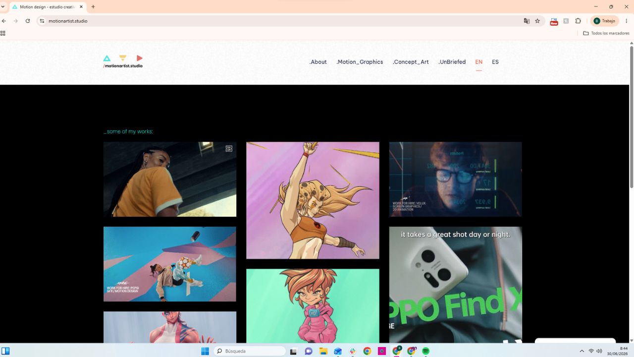 Portfolio de motion design y animación con ilustraciones de personajes, motion graphics y proyectos para marcas como Pepsi y