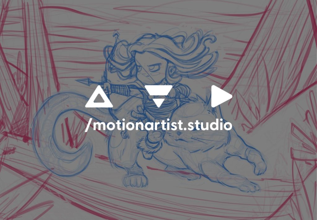 Boceto animado de arquera montando felino con logo de motionartist.studio, arte conceptual de animación