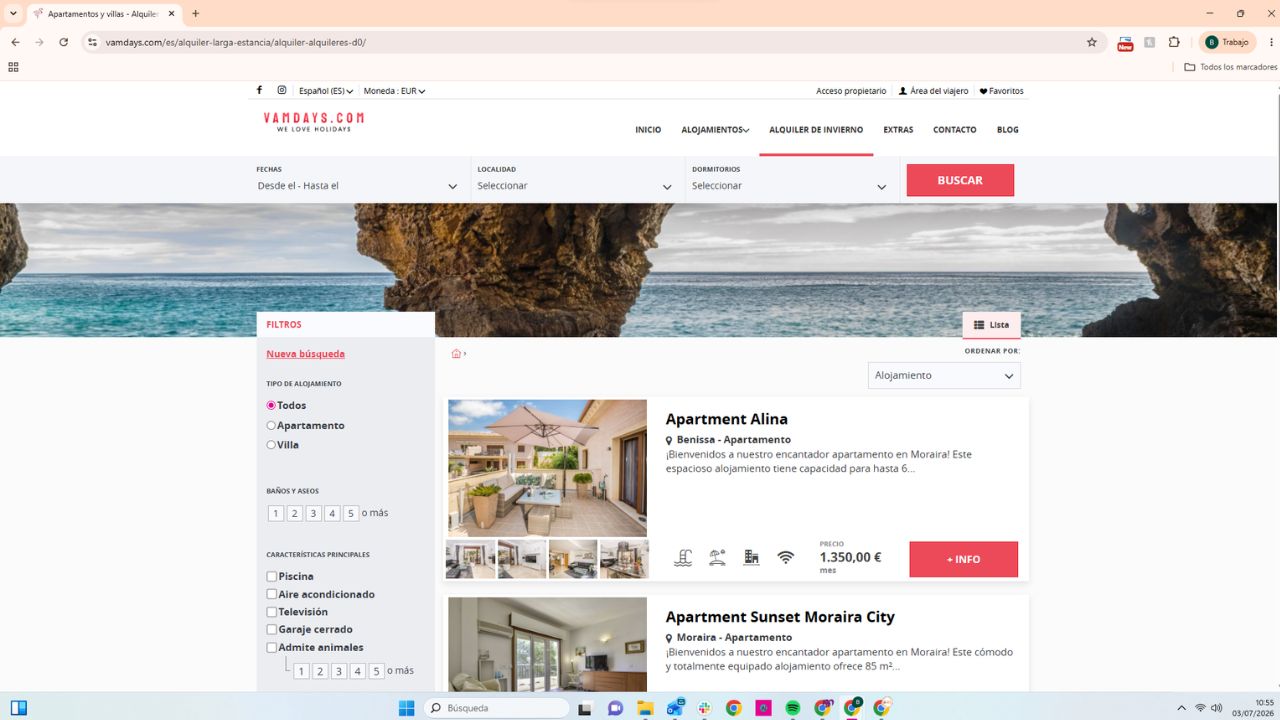 Página web de alquiler vacacional Vamdays con apartamentos en Moraira y Benissa desde 1.350€/mes
