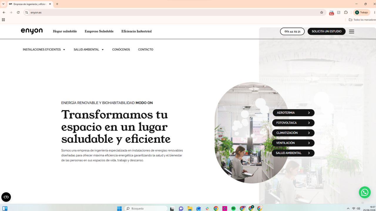 Página web de Enyon, empresa de ingeniería en energías renovables y biohabitabilidad con servicios de aerotermia y fotovoltai