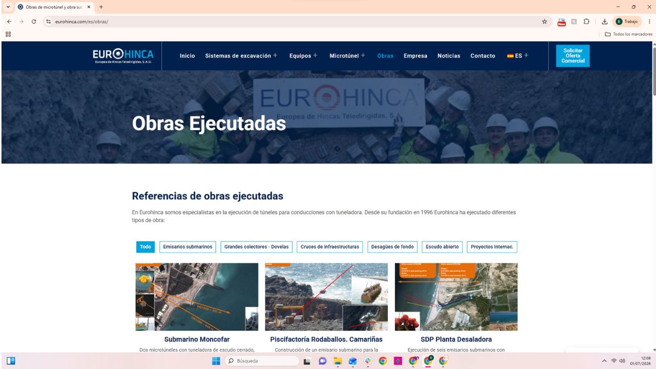 Página de obras ejecutadas de Eurohinca, empresa especialista en microtúneles y tuneladora desde 1996