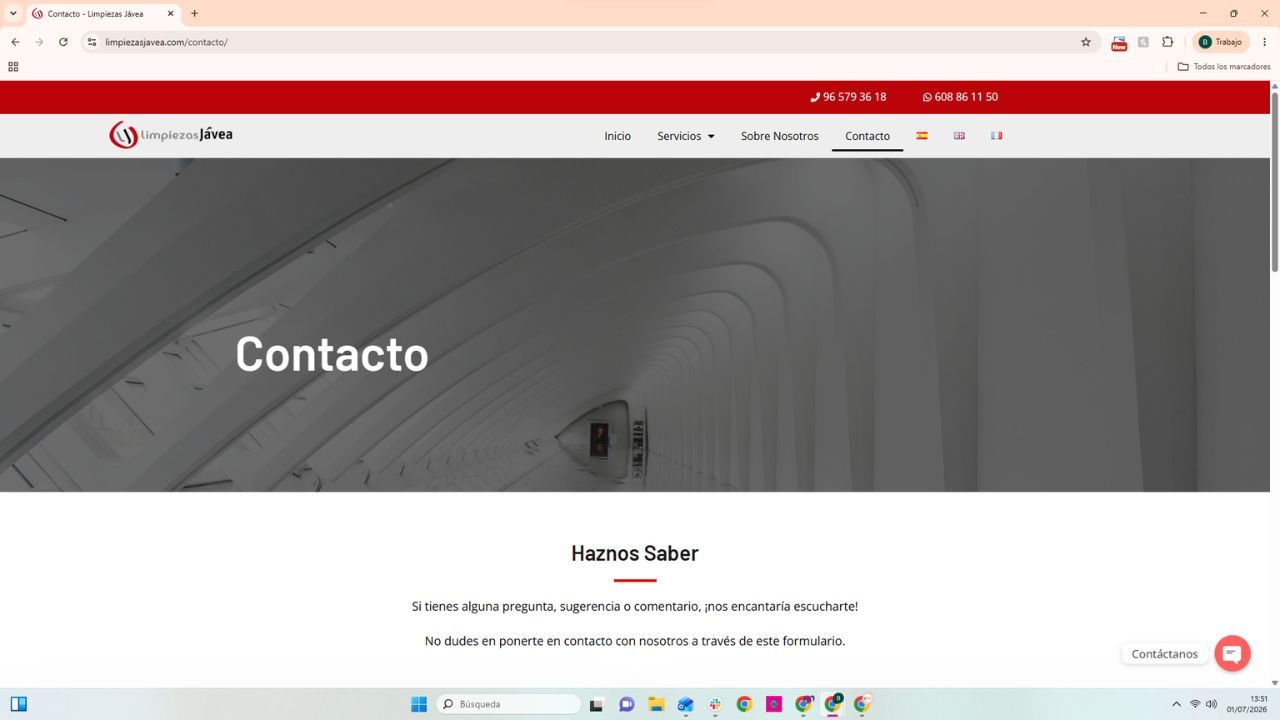 Página de contacto de Limpiezas Jávea con formulario, teléfonos y menú de servicios de limpieza en Jávea