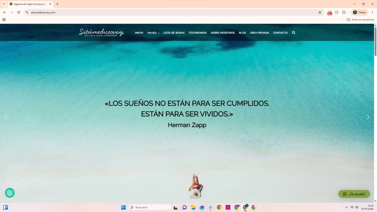 Agencia de viajes exclusivos Si Tu Me Dices Voy con playa caribeña turquesa y frase inspiradora de Herman Zapp