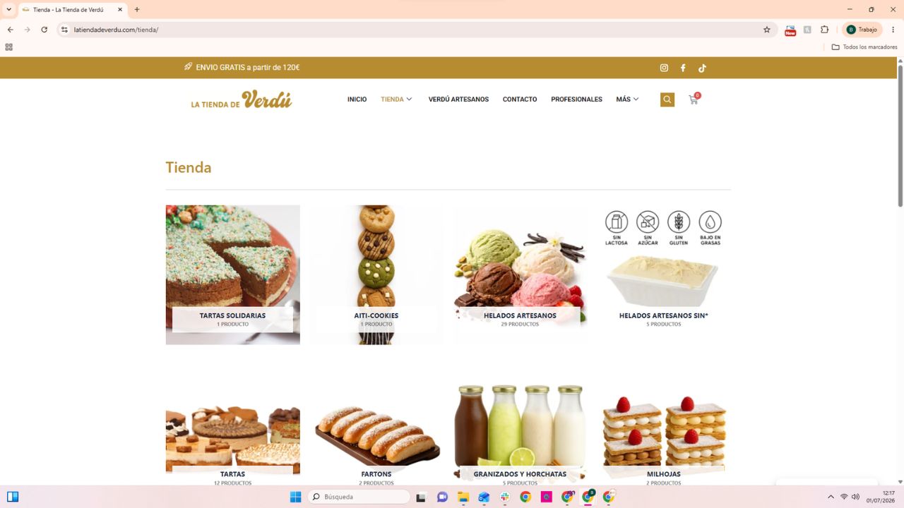 Tienda online La Tienda de Verdú con categorías de helados artesanos, tartas, cookies, fartons y horchatas valencianas