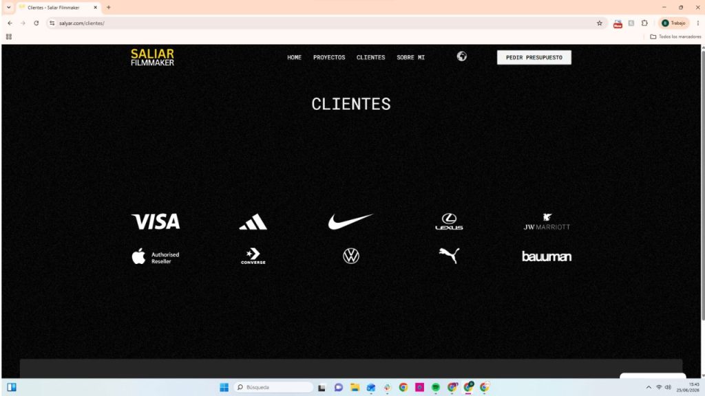 Página de clientes de Saliar Filmmaker con logos de Visa, Nike, Adidas, Lexus, JW Marriott, Apple, Converse, VW y Puma