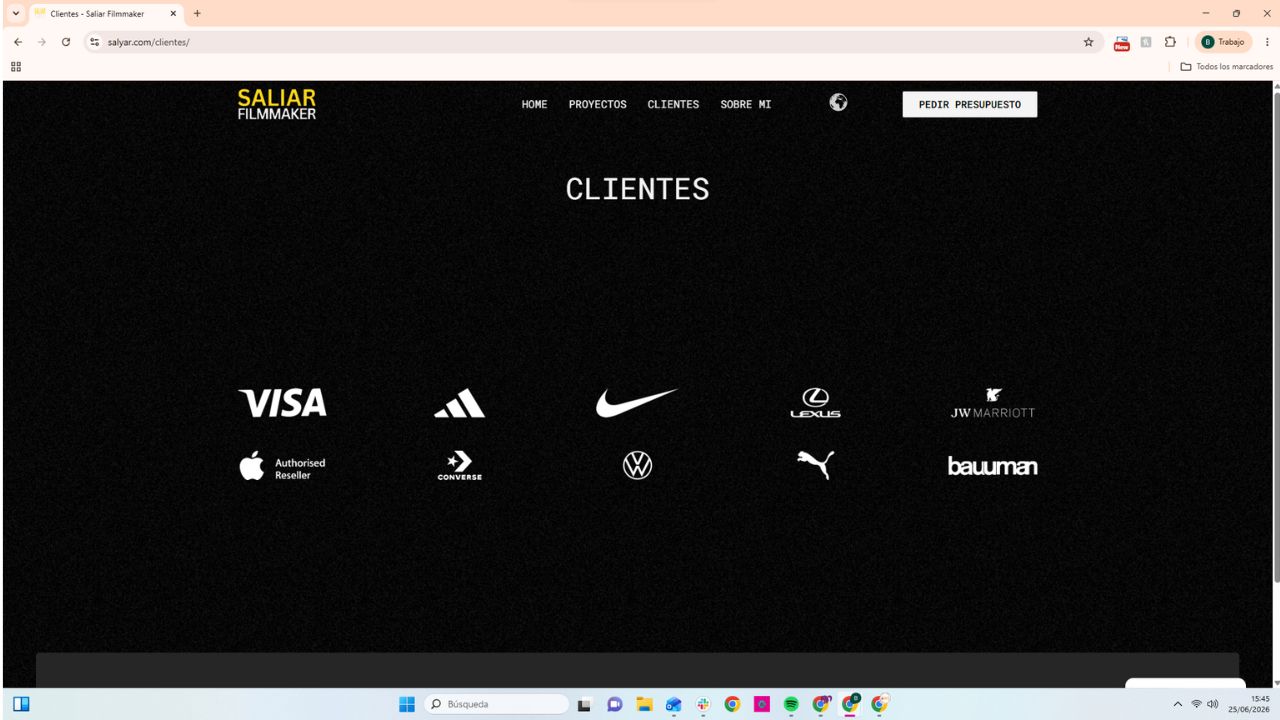 Página de clientes de Saliar Filmmaker con logos de Visa, Nike, Adidas, Lexus, JW Marriott, Apple, Converse, VW y Puma