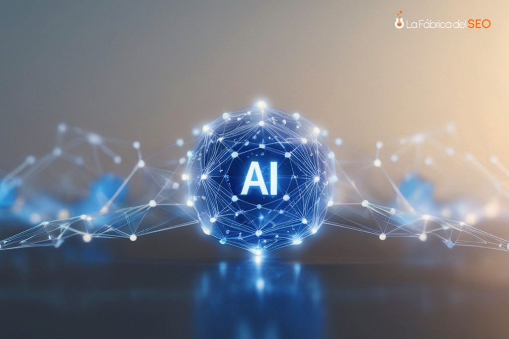 Esfera digital de inteligencia artificial con red neuronal interconectada y nodos luminosos azules en 3D