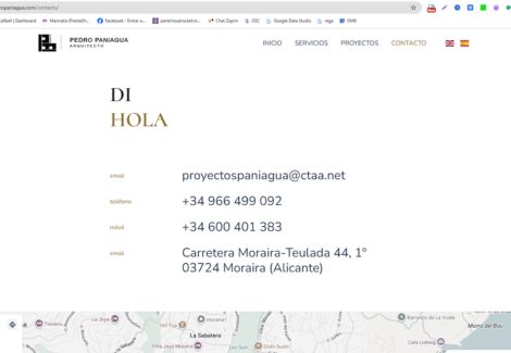 Página de contacto del arquitecto Pedro Paniagua en Moira, Alicante con email, teléfono y mapa de ubicación
