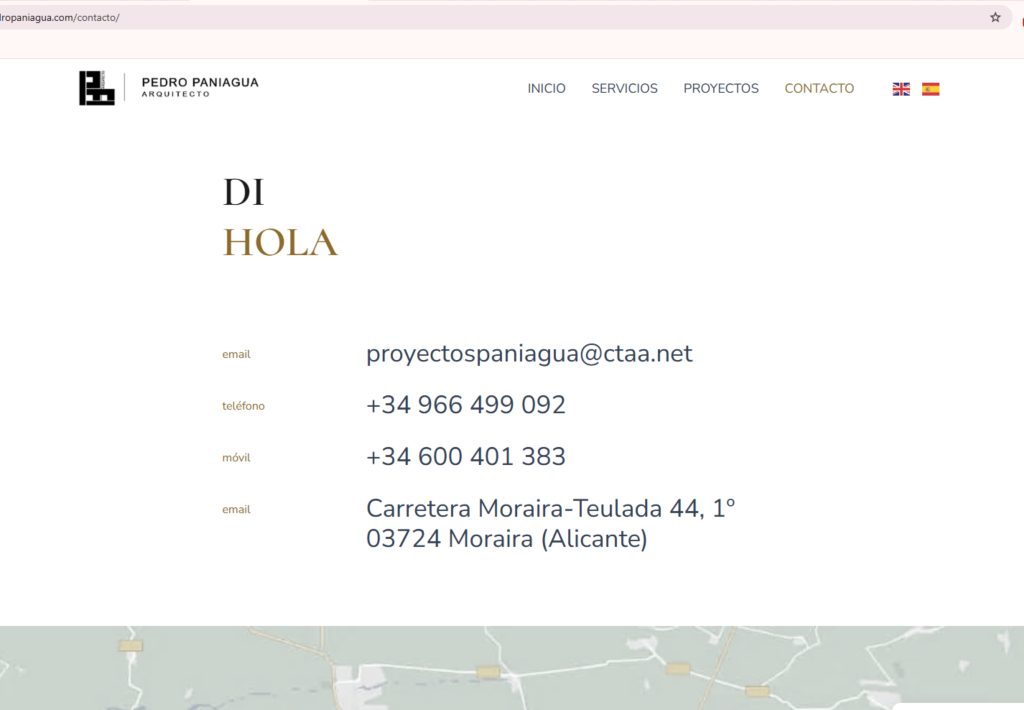 Página de contacto del arquitecto Pedro Paniagua en Moraira, Alicante, con teléfono y email profesional