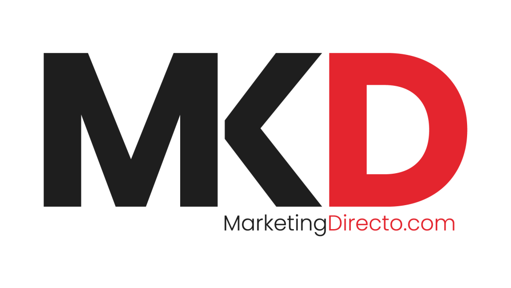 Logotipo MKD de MarketingDirecto.com en negro y rojo, diseño duotono con tipografía bold sobre fondo blanco