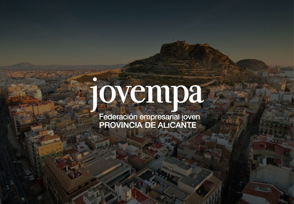 Logo de Jovempa, Federación Empresarial Joven de la Provincia de Alicante, con vista aérea de la ciudad y castillo