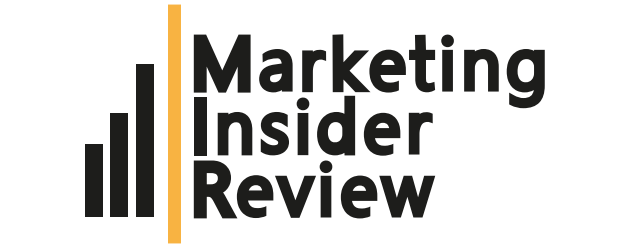 Logotipo de Marketing Insider Review con gráfico de barras ascendentes en negro y dorado