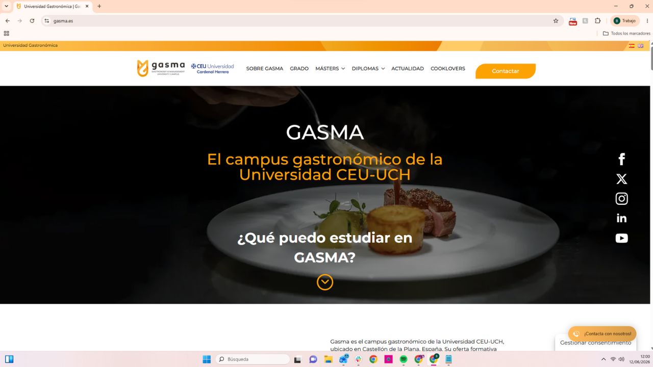 Campus gastronómico GASMA de la Universidad CEU-UCH en Castellón, con plato gourmet y menú de estudios culinarios