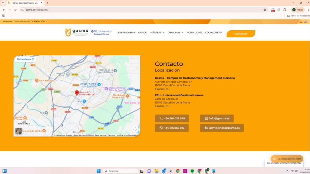 Página de localización de Gasma CEU en Castellón de la Plana con mapa, dirección y datos de contacto