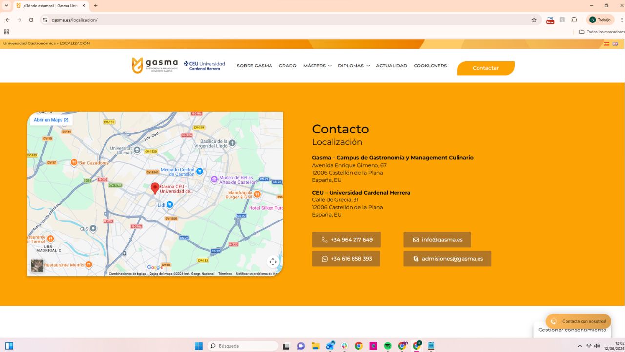 Página de localización de Gasma CEU en Castellón de la Plana con mapa, dirección y datos de contacto