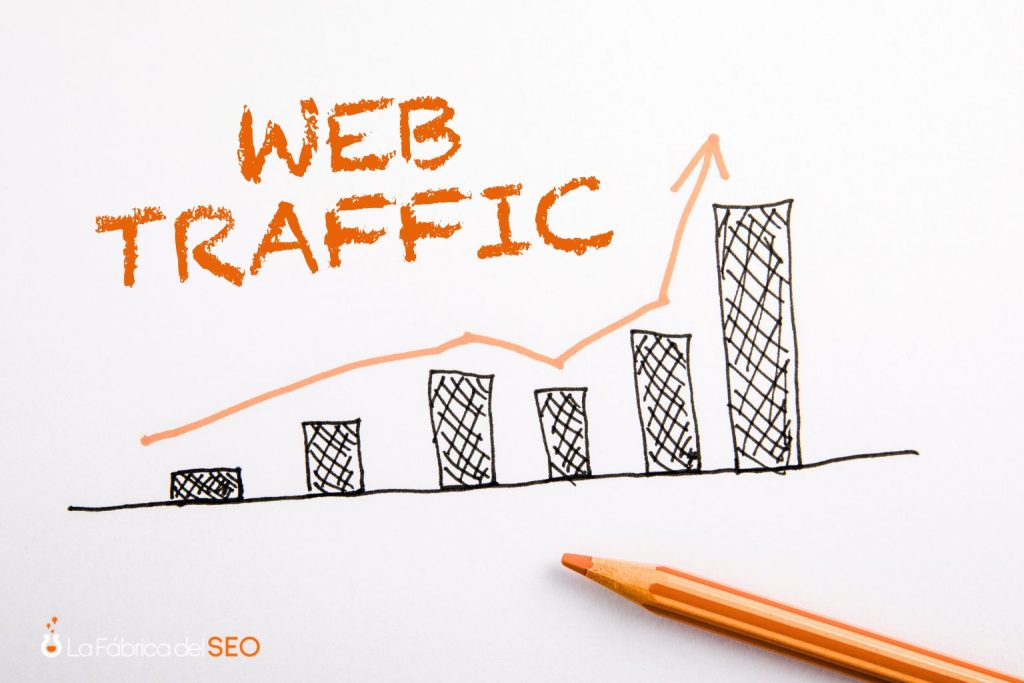 Gráfica de barras mostrando el crecimiento del tráfico web con flecha ascendente y lápiz naranja
