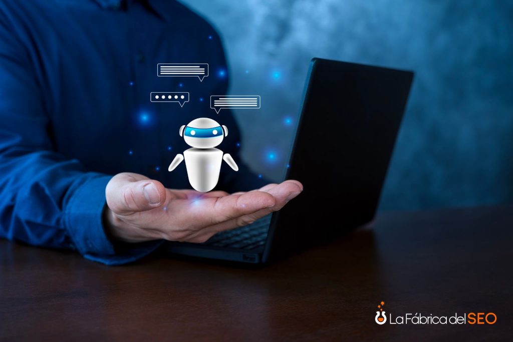 Chatbot de inteligencia artificial flotando sobre mano humana frente a laptop, representando optimización GEO y SEO digital