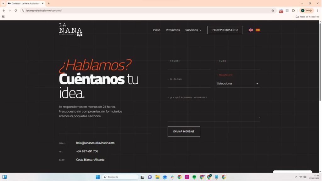 Página de contacto de La Nana Audiovisuals con formulario de presupuesto y datos de contacto en Alicante