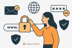 Mujer protegiendo su marca online con candado, contraseña segura, 2FA y escudos de verificación web