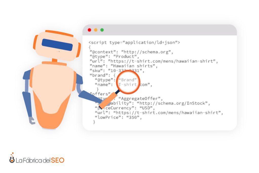 Robot analizando código JSON-LD de schema.org para datos estructurados SEO de producto en una web corporativa
