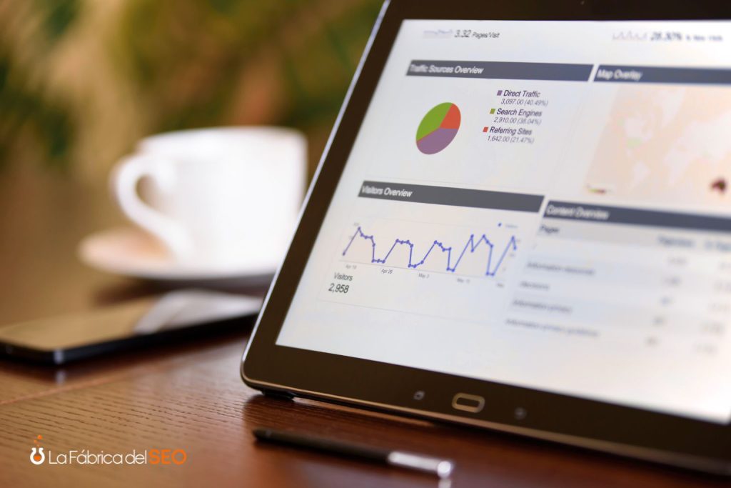Tablet con dashboard de Google Analytics mostrando tráfico web, fuentes de visitas y gráficas de visitantes en escritorio