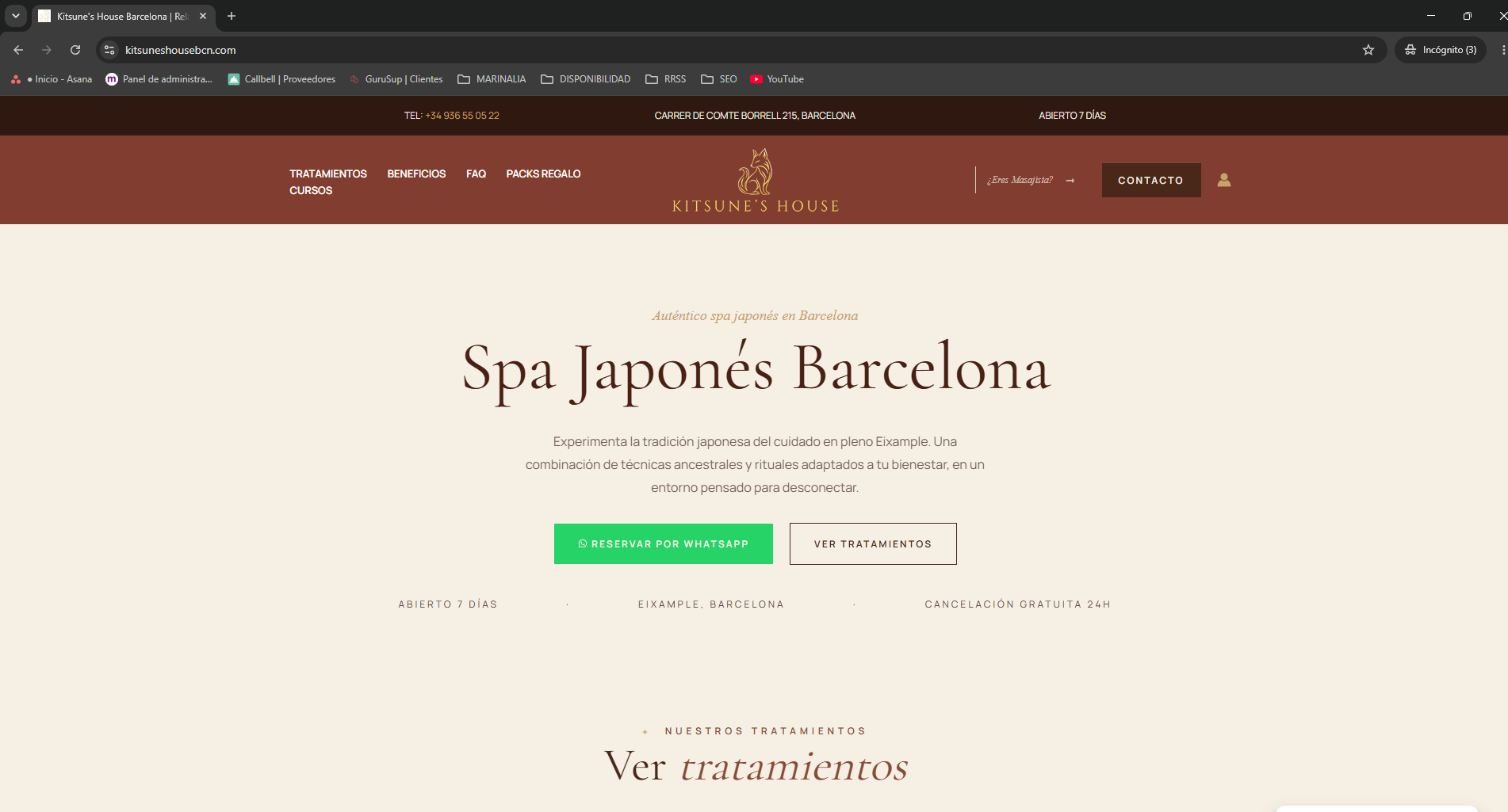 Página web de Kitsune's House, spa japonés en Barcelona Eixample con reservas por WhatsApp y tratamientos ancestrales