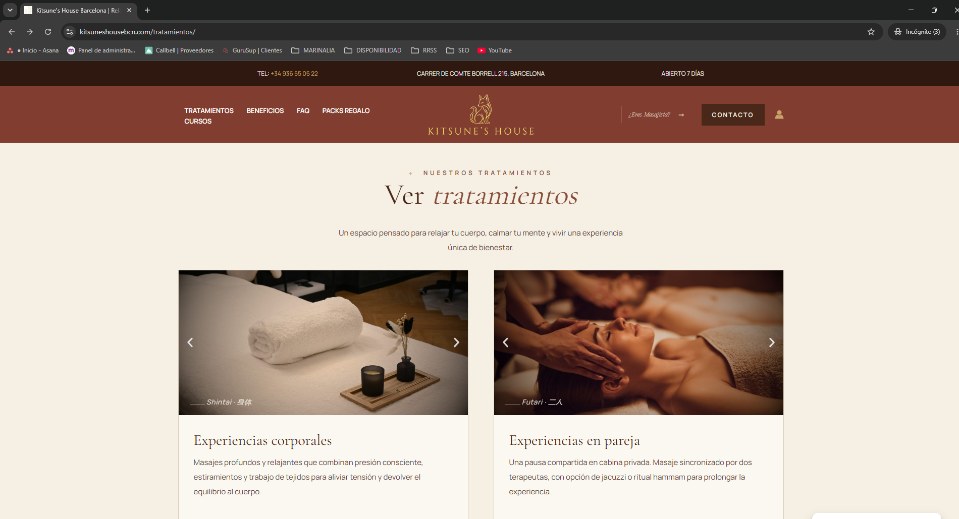Página de tratamientos de Kitsune's House Barcelona con masajes corporales y en pareja en centro de bienestar