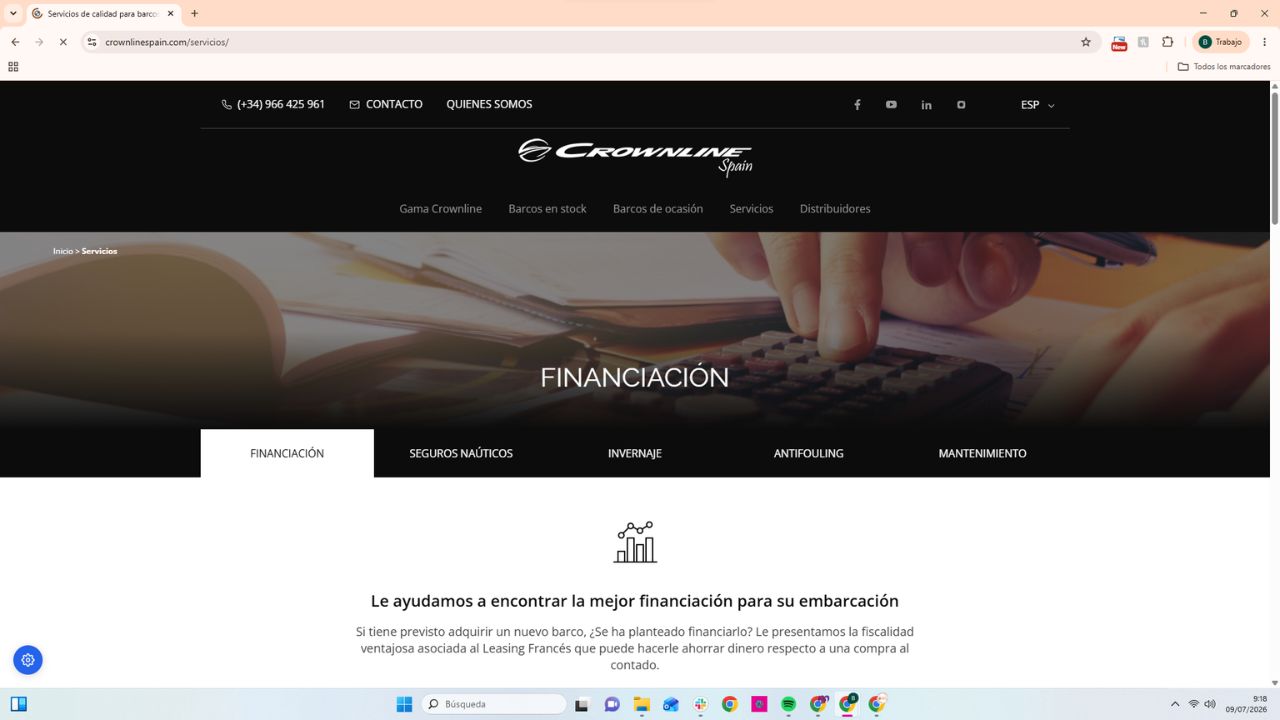 Página de servicios de financiación para embarcaciones Crownline Spain con opciones de Leasing Francés