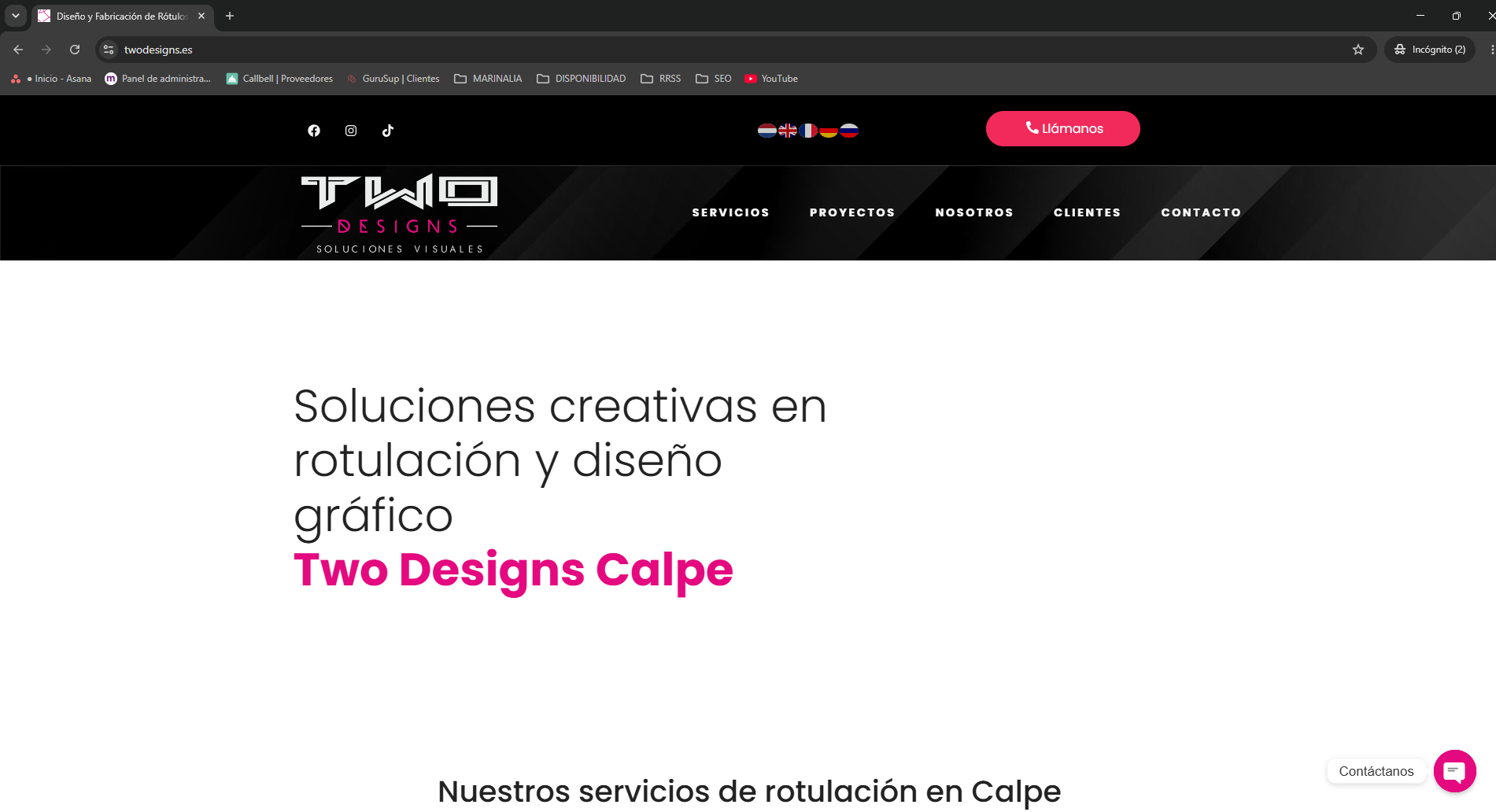 Página web de Two Designs Calpe, empresa de rotulación y diseño gráfico con soluciones visuales en Calpe