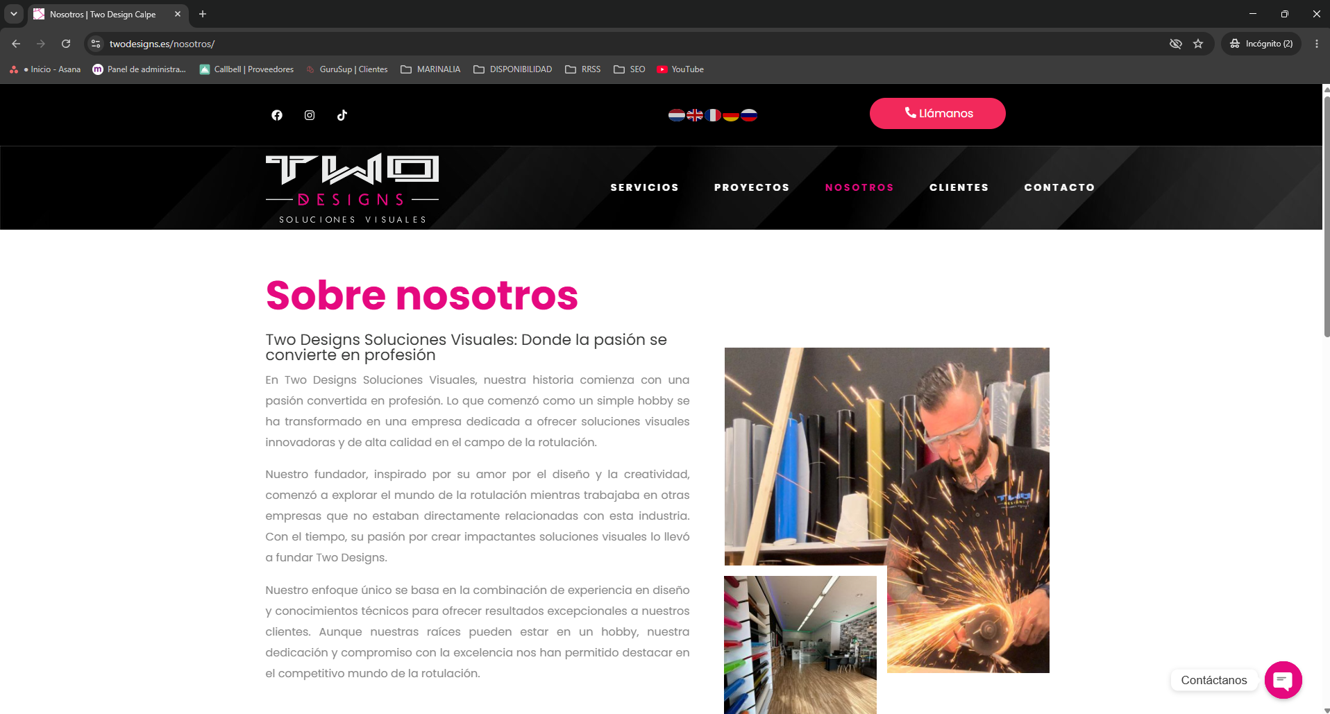 Página "Sobre nosotros" de Two Designs Soluciones Visuales con texto corporativo e imágenes de rotulación profesional