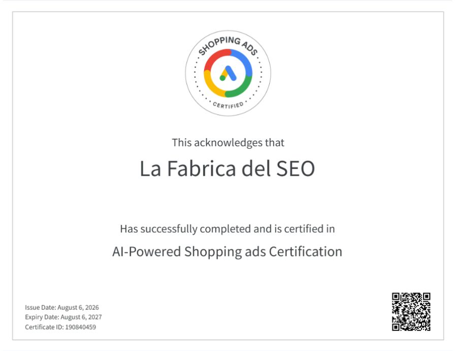 Certificado Google Shopping Ads de La Fabrica del SEO en AI-Powered Shopping Ads Certification, válido hasta 2027