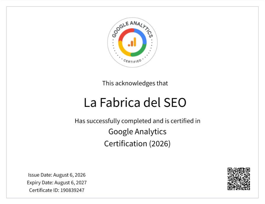 Certificado Google Analytics 2026 de La Fabrica del SEO, válido hasta agosto 2027, ID 190839247