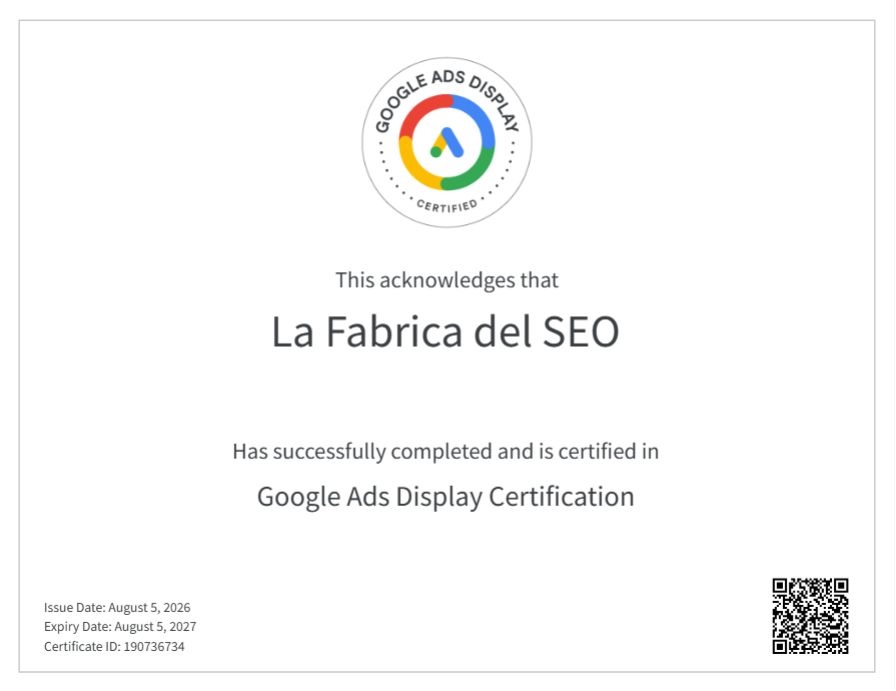 Certificado Google Ads Display de La Fabrica del SEO, emitido el 5 de agosto de 2026, válido hasta 2027