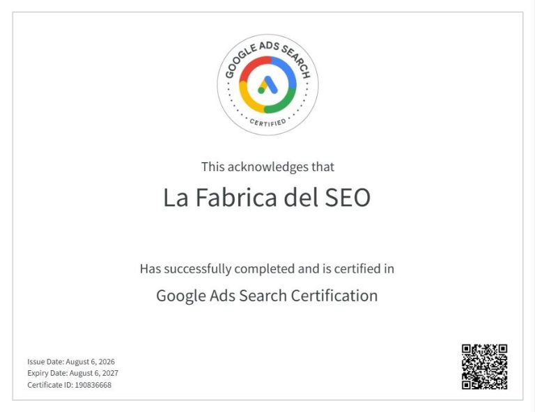 Certificado Google Ads Search de La Fabrica del SEO, válido hasta agosto 2027, ID 190836668