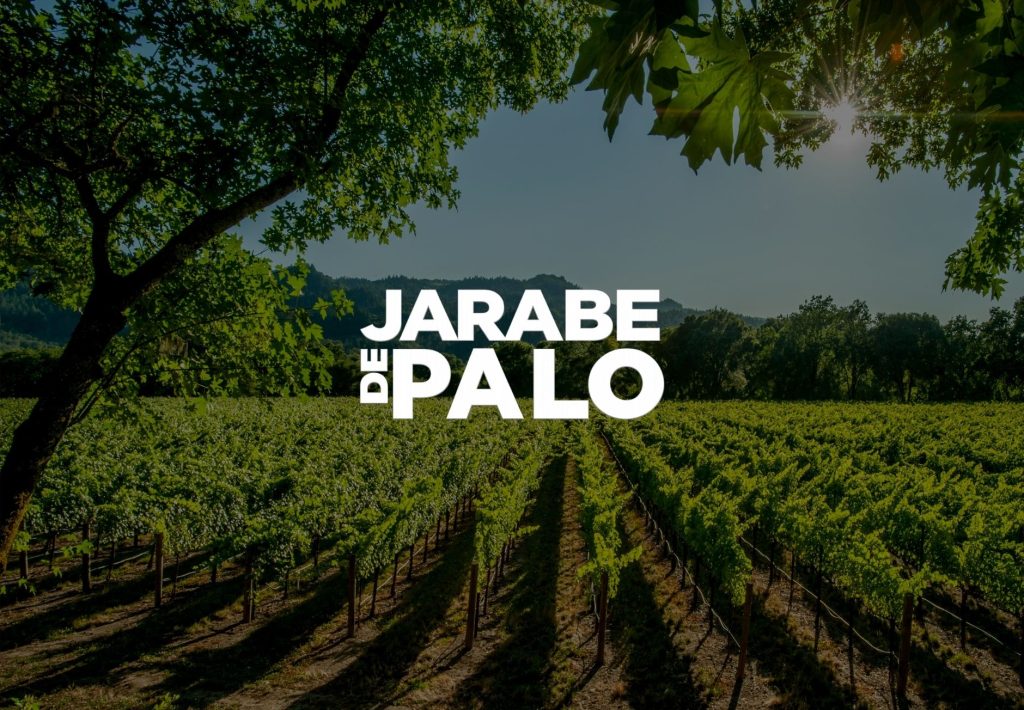 Logotipo de Jarabe de Palo sobre viñedo verde con árboles y montañas al fondo bajo cielo despejado
