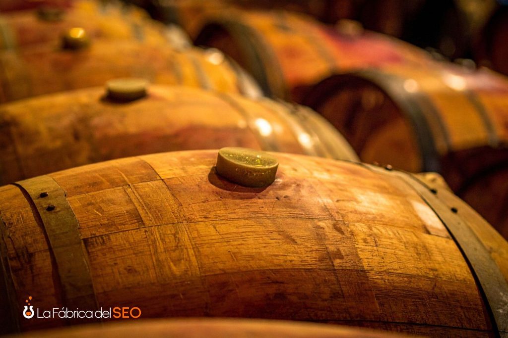 Barricas de roble en bodega de vino, con tapones de madera para crianza y envejecimiento de vinos