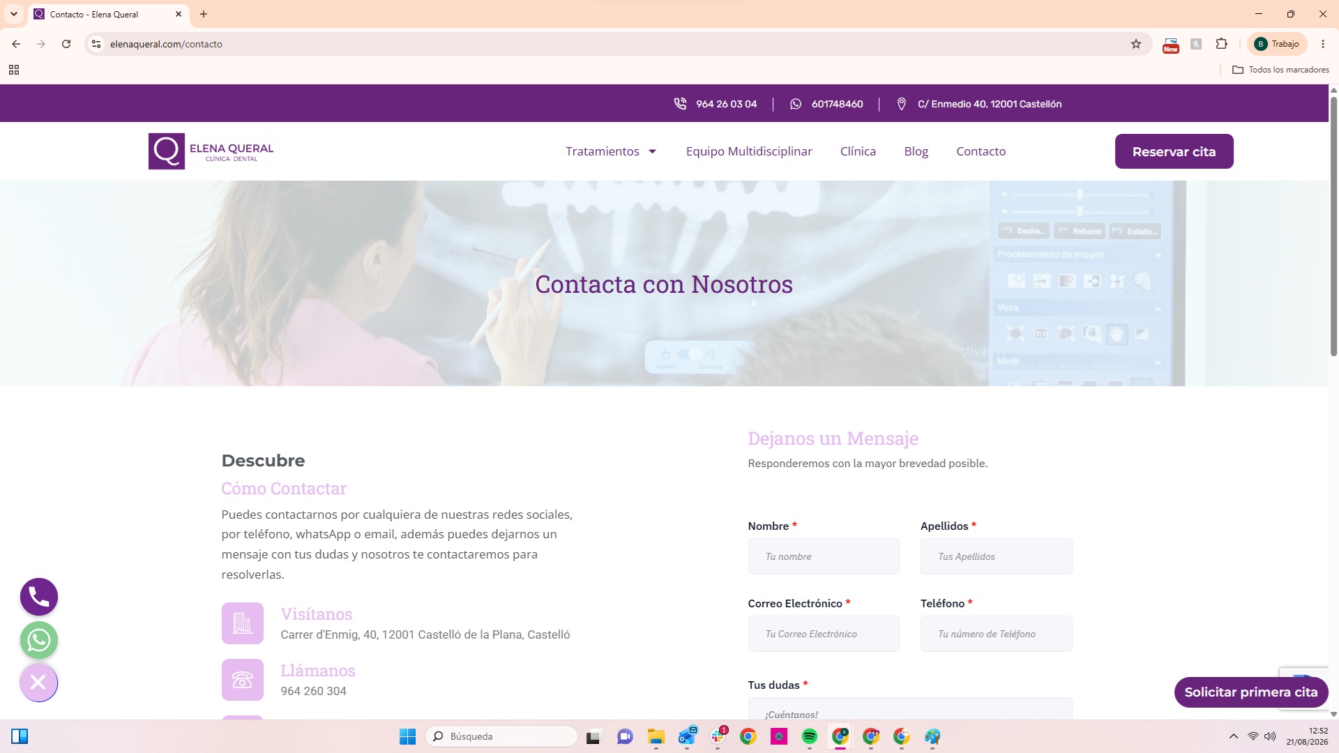 Página de contacto de Clínica Dental Elena Queral en Castellón con formulario de cita y datos de contacto